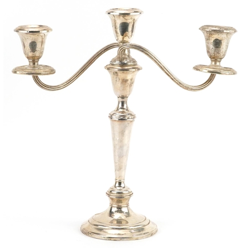 444 - Gorham, American sterling silver three branch candelabra numbered 808/1 to the base, 29.5cm high, 90... 