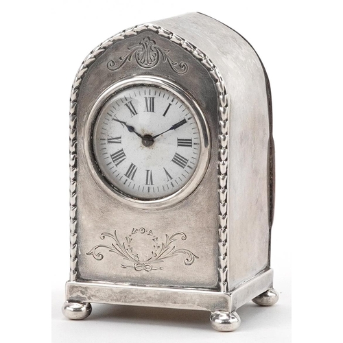 William Comyns & Sons, Edwardian silver arch top carriage clock having enamelled dial with Roman numerals, London 1907, 8.5cm high, 273.8g