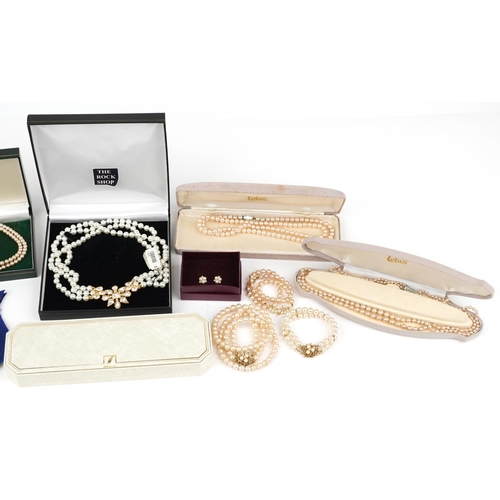 2818 - Collection of vintage and later simulated pearl necklaces, bracelets and earrings, some with silver ... 