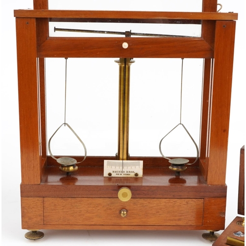 497 - Becker Bros of New York, mahogany cased balance scales with mahogany travel case and set of brass an... 