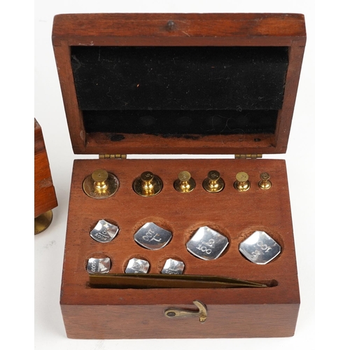 497 - Becker Bros of New York, mahogany cased balance scales with mahogany travel case and set of brass an... 