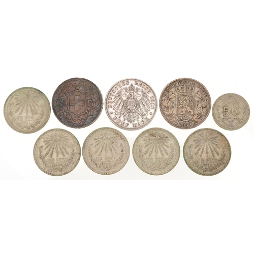 2114 - 19th century and later foreign silver coins comprising two five francs dates 1908 and 1869, 1911 fun... 