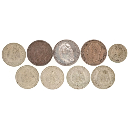 2114 - 19th century and later foreign silver coins comprising two five francs dates 1908 and 1869, 1911 fun... 