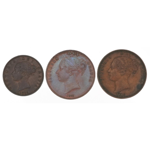 2102 - Victorian Young Head copper coinage comprising two pennies dates 1855 and 1857 and 1852 half penny