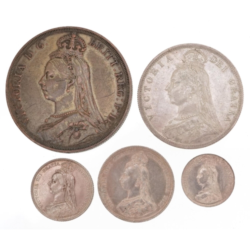 2081 - Victorian 1887 Jubilee silver coinage comprising crown, half crown, shilling, sixpence and threepenn... 