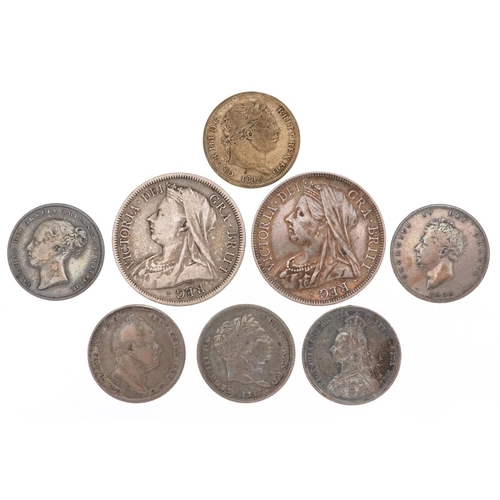 2071 - George III and later silver coinage comprising two half crowns dates 1894 and 1897 and six shillings... 