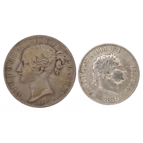 2068 - George III 1819 silver half crown and a Victoria Young Head 1844  silver crown, 41g