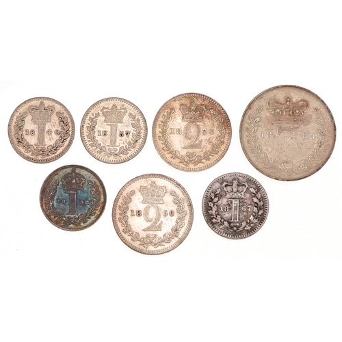 2073 - Seven Victorian silver Maundy coins comprising four pennies dates 1840, 1857, 1867 and 1898, two two... 