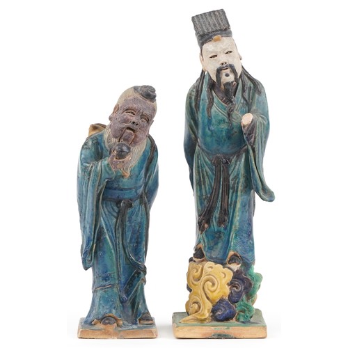 346 - Pair of Chinese porcelain figures having sancai type glazes including one of an elder holding a frui... 