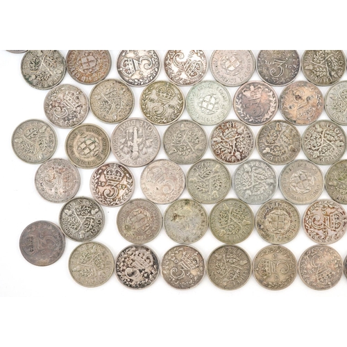 2087 - Large collection of Victorian and later threepenny bits, some silver, 260g