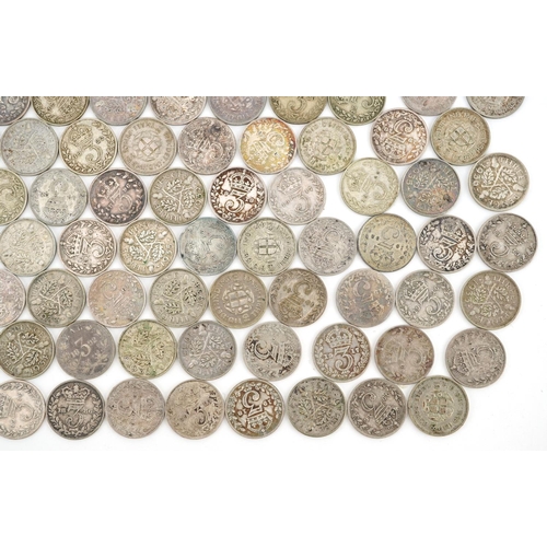 2087 - Large collection of Victorian and later threepenny bits, some silver, 260g