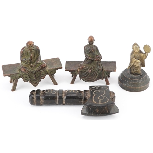 1557 - Chinese sundry items including an archaic style hardstone ax and two bronzes of monks, the largest 1... 