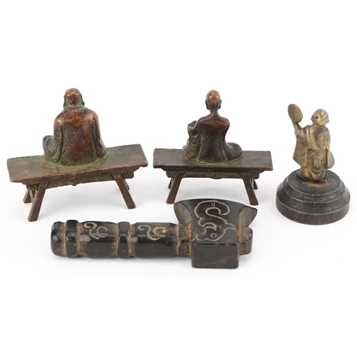 1557 - Chinese sundry items including an archaic style hardstone ax and two bronzes of monks, the largest 1... 