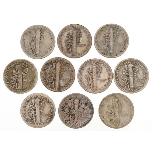 2105 - Ten early 20th century and later United States of America Mercury dimes comprising dates 1916, 1917,... 