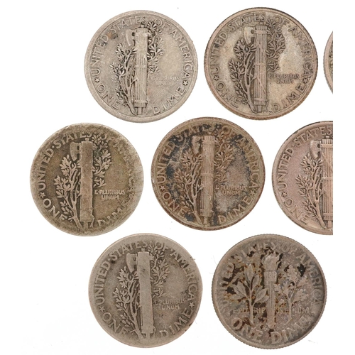 2105 - Ten early 20th century and later United States of America Mercury dimes comprising dates 1916, 1917,... 