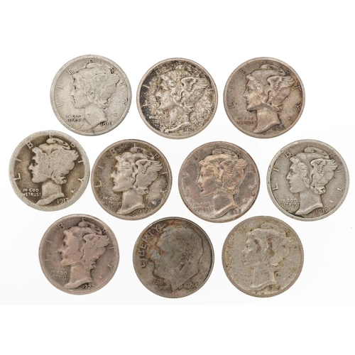 2105 - Ten early 20th century and later United States of America Mercury dimes comprising dates 1916, 1917,... 