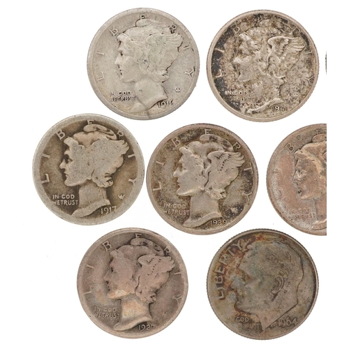 2105 - Ten early 20th century and later United States of America Mercury dimes comprising dates 1916, 1917,... 