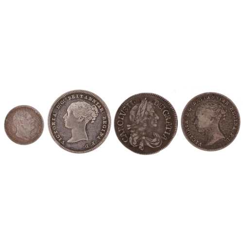 2059 - Charles II and later silver coinage comprising Charles II 1679 fourpence, Victoria Young Head 1842 M... 