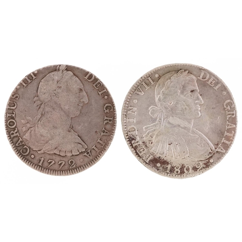 2110 - Two Spanish silver eight reales comprising Ferdinand VII 1809 and Charles III 1772, 50g