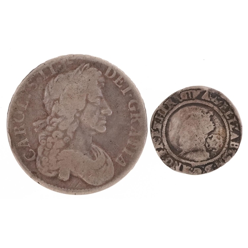 2057 - Elizabeth I 1569 hammered silver shilling and a Charles II silver crown, indistinct date, 16..