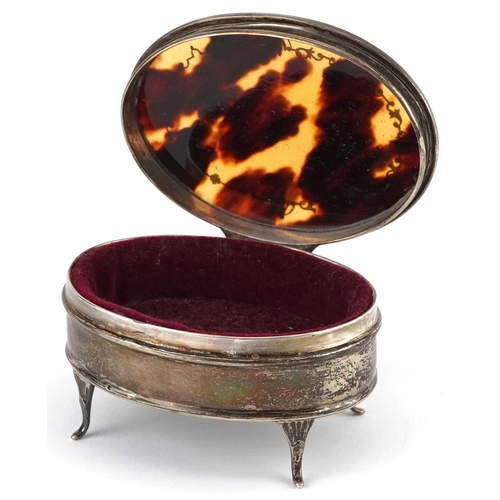 175 - E S Barnsley & Co, George V silver and tortoiseshell pique work jewel box raised on four feet, Birmi... 