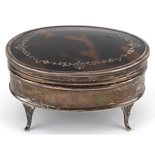 175 - E S Barnsley & Co, George V silver and tortoiseshell pique work jewel box raised on four feet, Birmi... 