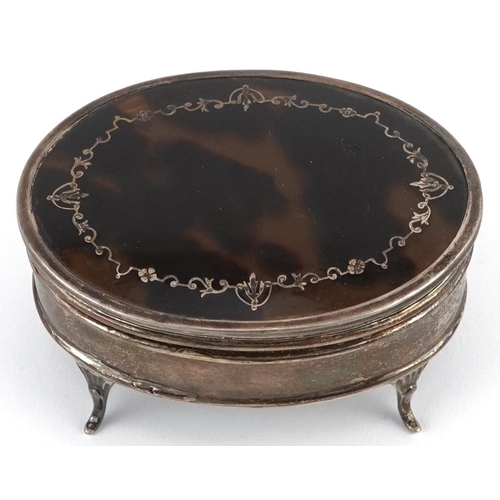 175 - E S Barnsley & Co, George V silver and tortoiseshell pique work jewel box raised on four feet, Birmi... 