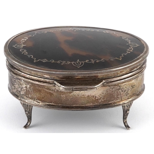 175 - E S Barnsley & Co, George V silver and tortoiseshell pique work jewel box raised on four feet, Birmi... 