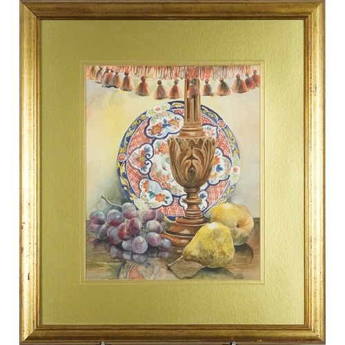 1799 - Shirley Harrell - Plate with fruit, watercolour, details verso, mounted, framed and glazed, 34cm x 2... 