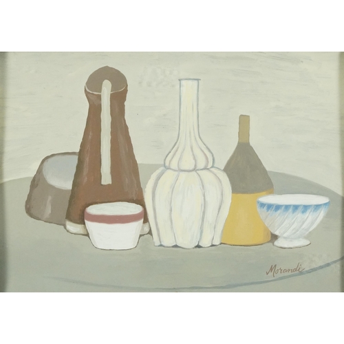 753 - Still life vessels on a table, continental school gouache, mounted, framed and glazed, 37cm x 26cm e... 