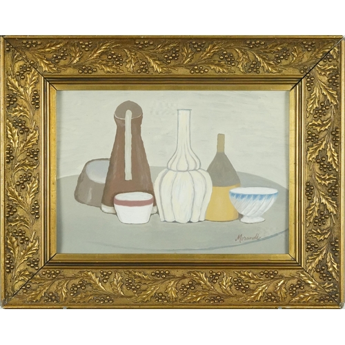 753 - Still life vessels on a table, continental school gouache, mounted, framed and glazed, 37cm x 26cm e... 