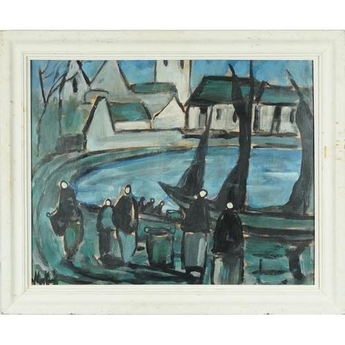 1576 - Manner of Markey Robinson - Figures beside water with boats and cottages, Irish school oil on card, ... 