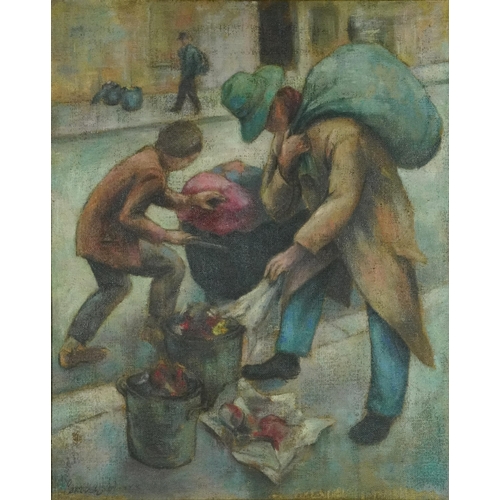 228 - Attributed to Norman Cornish - Street life, post-war British oil on canvas, inscribed verso, framed,... 