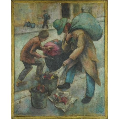 228 - Attributed to Norman Cornish - Street life, post-war British oil on canvas, inscribed verso, framed,... 