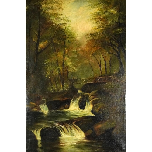 534 - Betws-Y-Coed, figures on a bridge over waterfall, 19th century English school oil on canvas, mounted... 