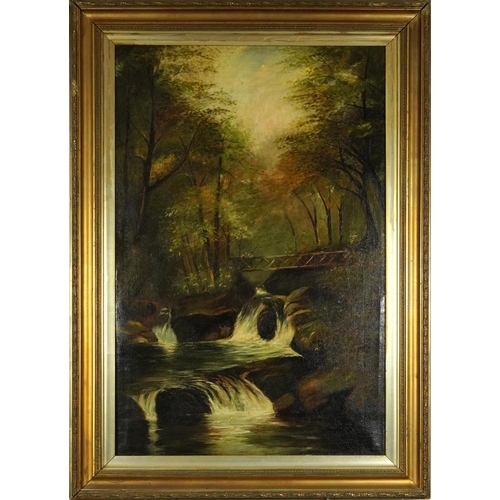 534 - Betws-Y-Coed, figures on a bridge over waterfall, 19th century English school oil on canvas, mounted... 