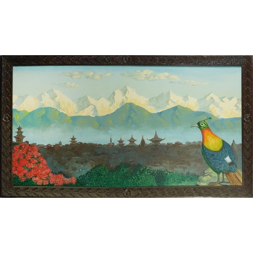 800 - Peacock before a panoramic Asian city scape with pagodas, Chinese school oil on canvas, framed, 149c... 