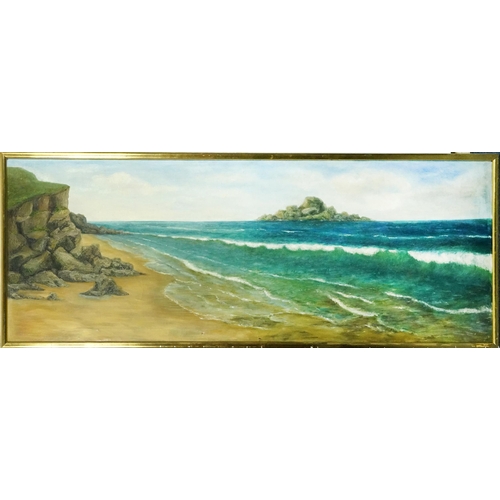 801 - Panoramic coastal scene, early 20th century oil on canvas, framed, 167cm x 60.5cm excluding the fram... 