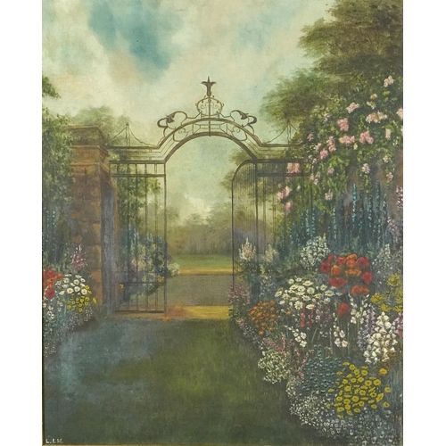 1184 - Garden of flowers with iron gate, 19th/20th century oil on canvas, mounted and framed, 54cm x 44cm e... 