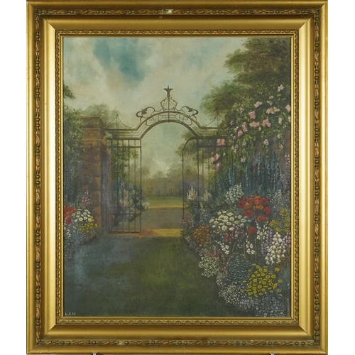 1184 - Garden of flowers with iron gate, 19th/20th century oil on canvas, mounted and framed, 54cm x 44cm e... 