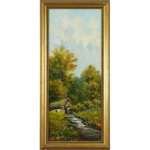 1389 - A Herbert - Rural landscapes with streams, pair of Victorian school oil on boards, mounted and frame... 