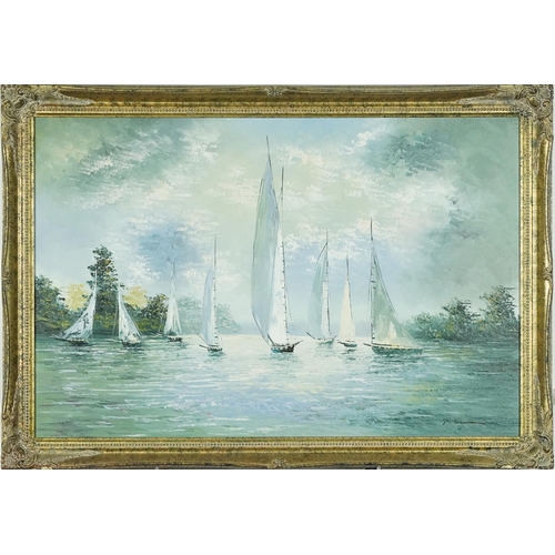 806 - Sailing boats on calm water, contemporary Impressionist oil on canvas, mounted and framed, 75.5cm x ... 