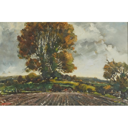 1798 - Gough - Harvest scene, Elms near Raglan,  Impressionist oil on board, mounted and framed, 44cm x 29c... 