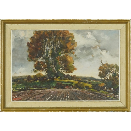 1798 - Gough - Harvest scene, Elms near Raglan,  Impressionist oil on board, mounted and framed, 44cm x 29c... 