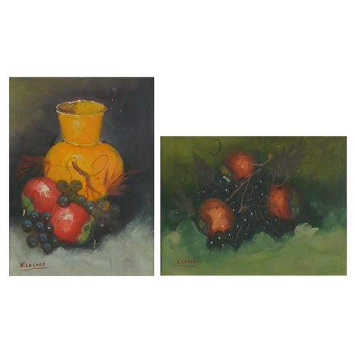 756 - V La Sala - Still life fruit and vessels, pair of Spanish school oils, mounted, framed and glazed, e... 