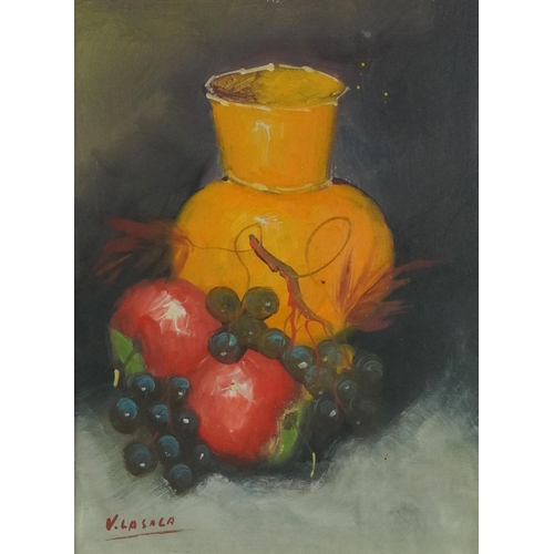 756 - V La Sala - Still life fruit and vessels, pair of Spanish school oils, mounted, framed and glazed, e... 