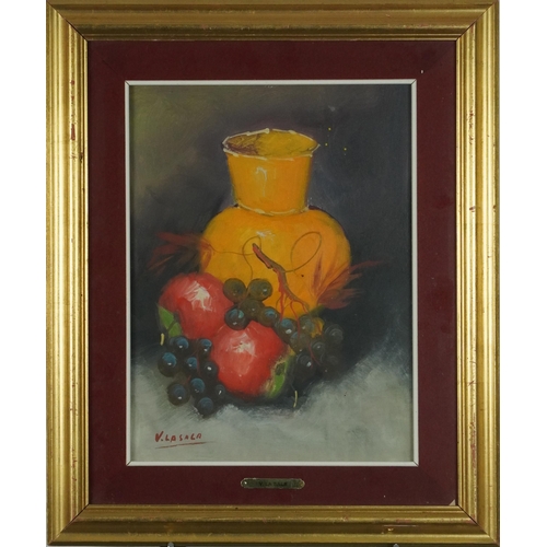 756 - V La Sala - Still life fruit and vessels, pair of Spanish school oils, mounted, framed and glazed, e... 