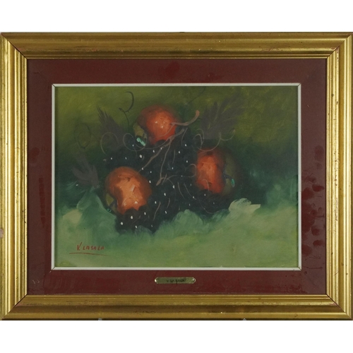 756 - V La Sala - Still life fruit and vessels, pair of Spanish school oils, mounted, framed and glazed, e... 