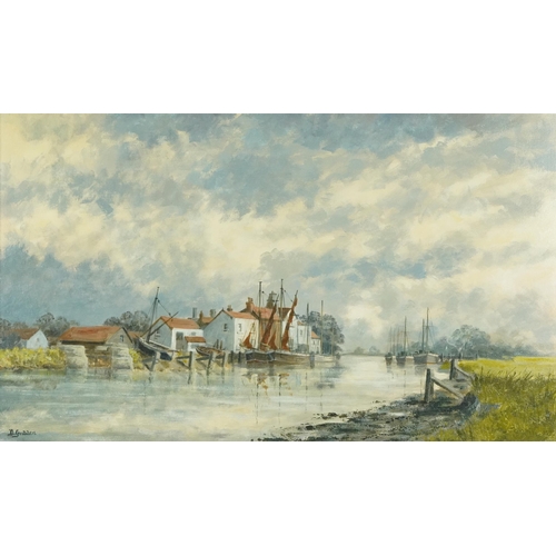 1182 - G Godden - River with moored boats, Impressionist oil on board, mounted and framed, 74cm x 44cm excl... 