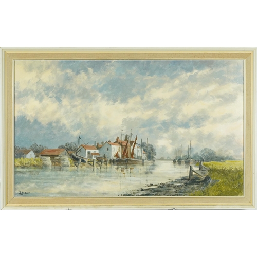 1182 - G Godden - River with moored boats, Impressionist oil on board, mounted and framed, 74cm x 44cm excl... 